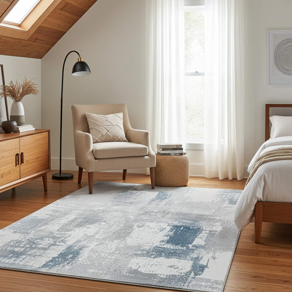 Soft Washable Luxurious Lumina Blue, Grey and White Modern Abstract Rug