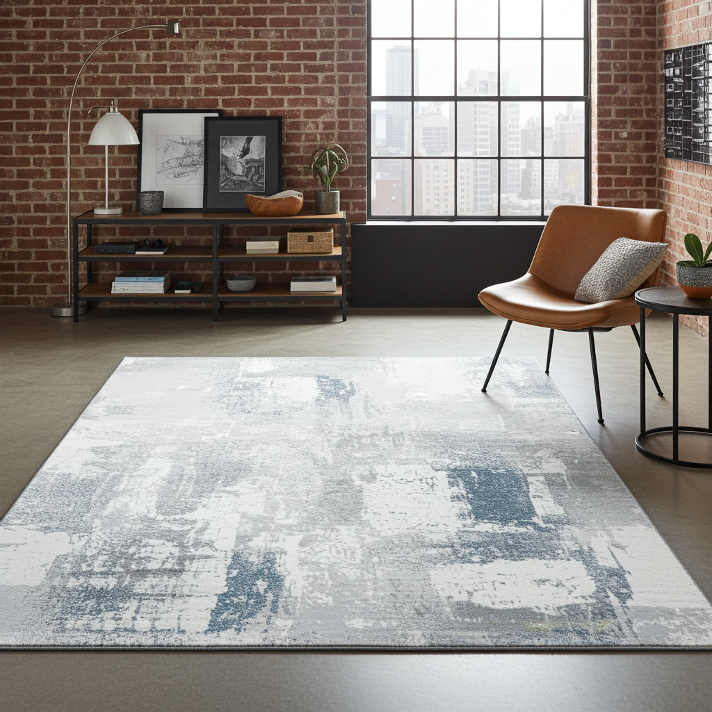 Soft Washable Luxurious Lumina Blue, Grey and White Modern Abstract Rug