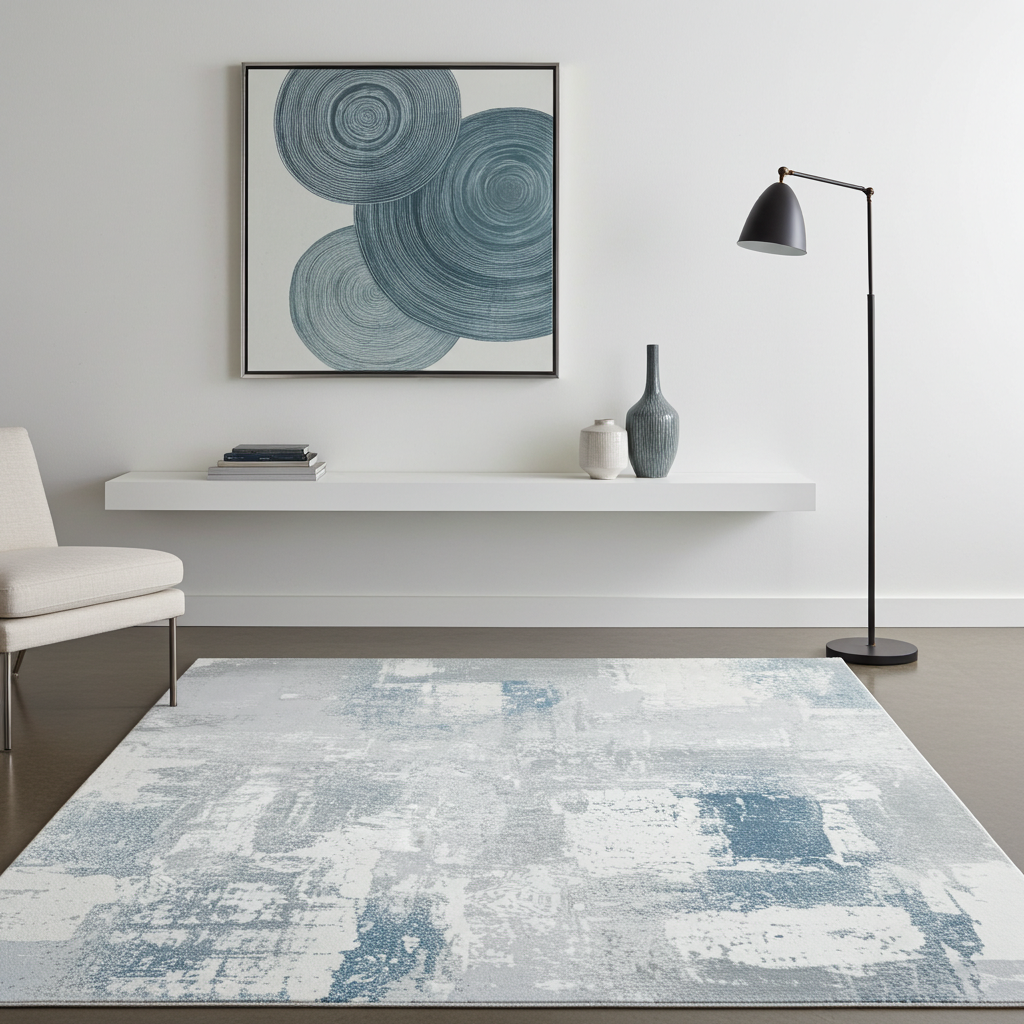 Soft Washable Luxurious Lumina Blue, Grey and White Modern Abstract Rug