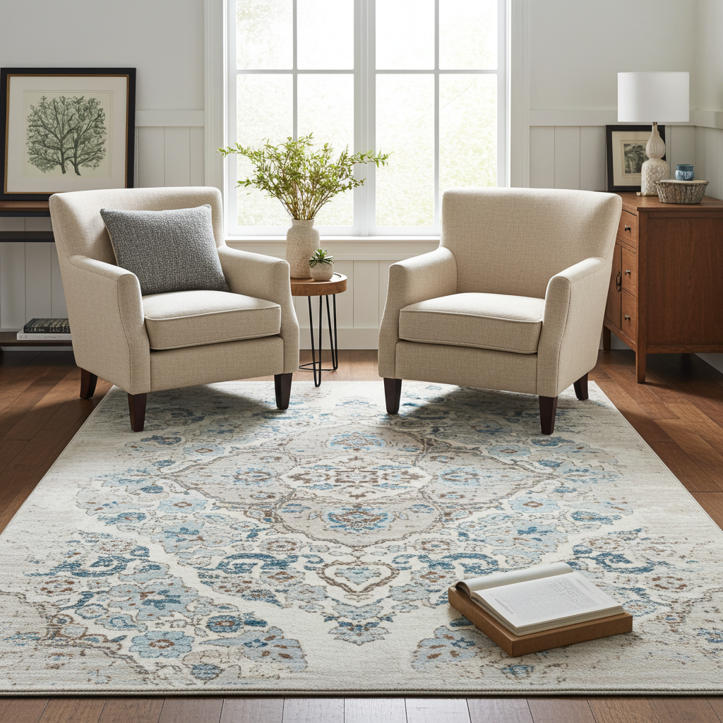Soft Washable Luxurious Lumina Blue, Grey and Cream Modern Rug