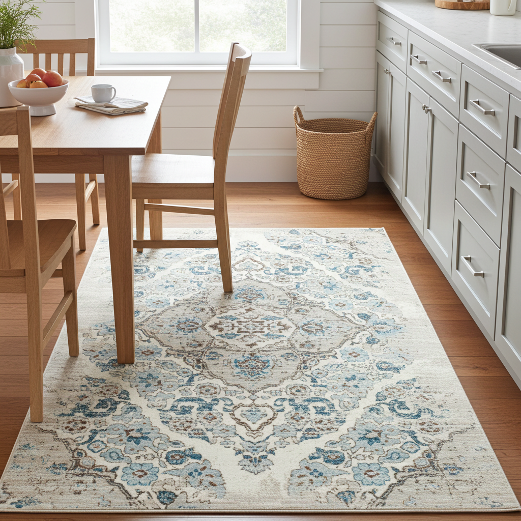 Soft Washable Luxurious Lumina Blue, Grey and Cream Modern Rug