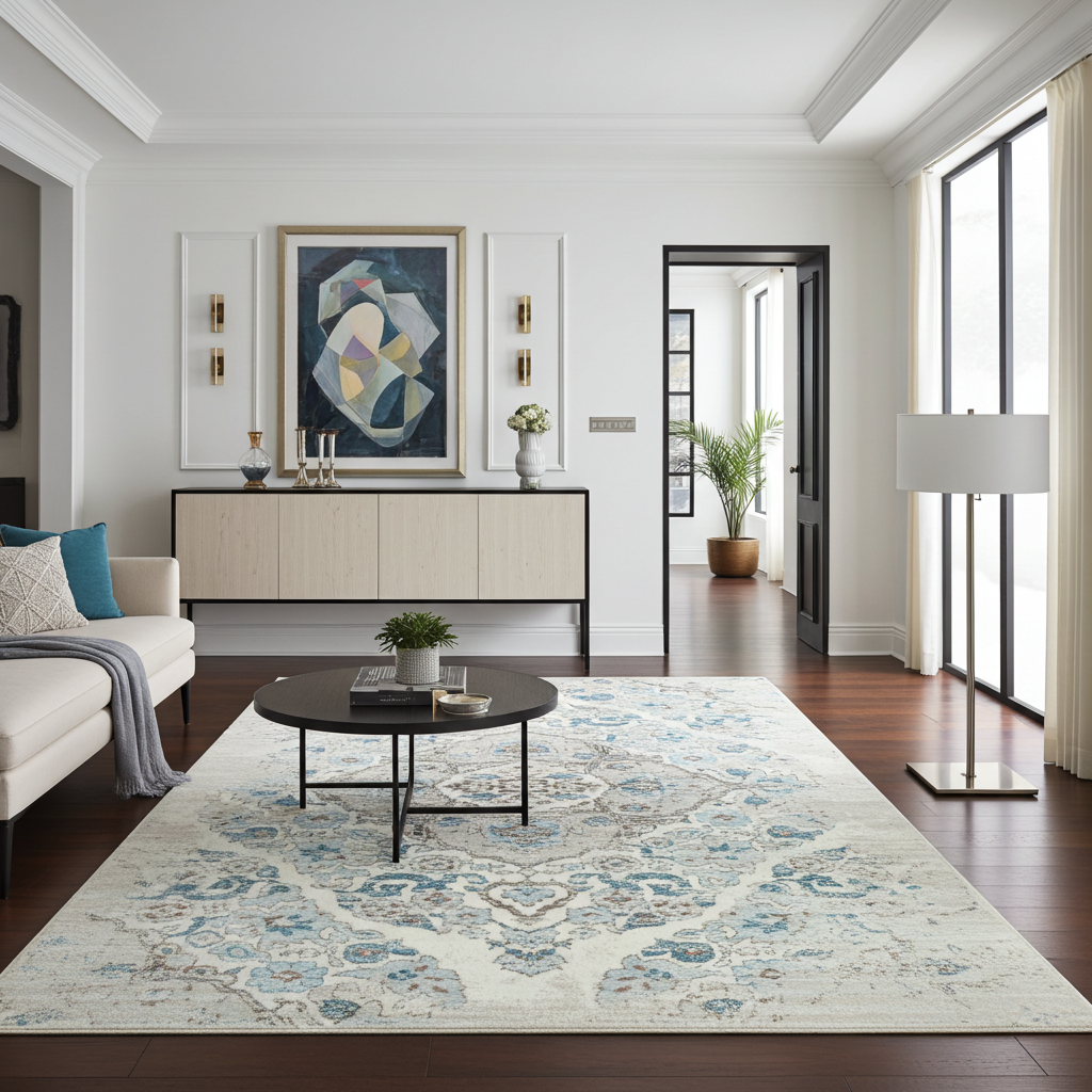 Soft Washable Luxurious Lumina Blue, Grey and Cream Modern Rug