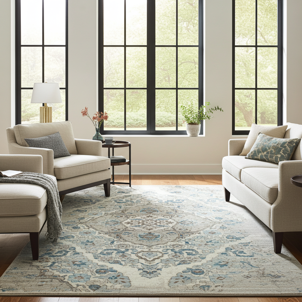 Soft Washable Luxurious Lumina Blue, Grey and Cream Modern Rug