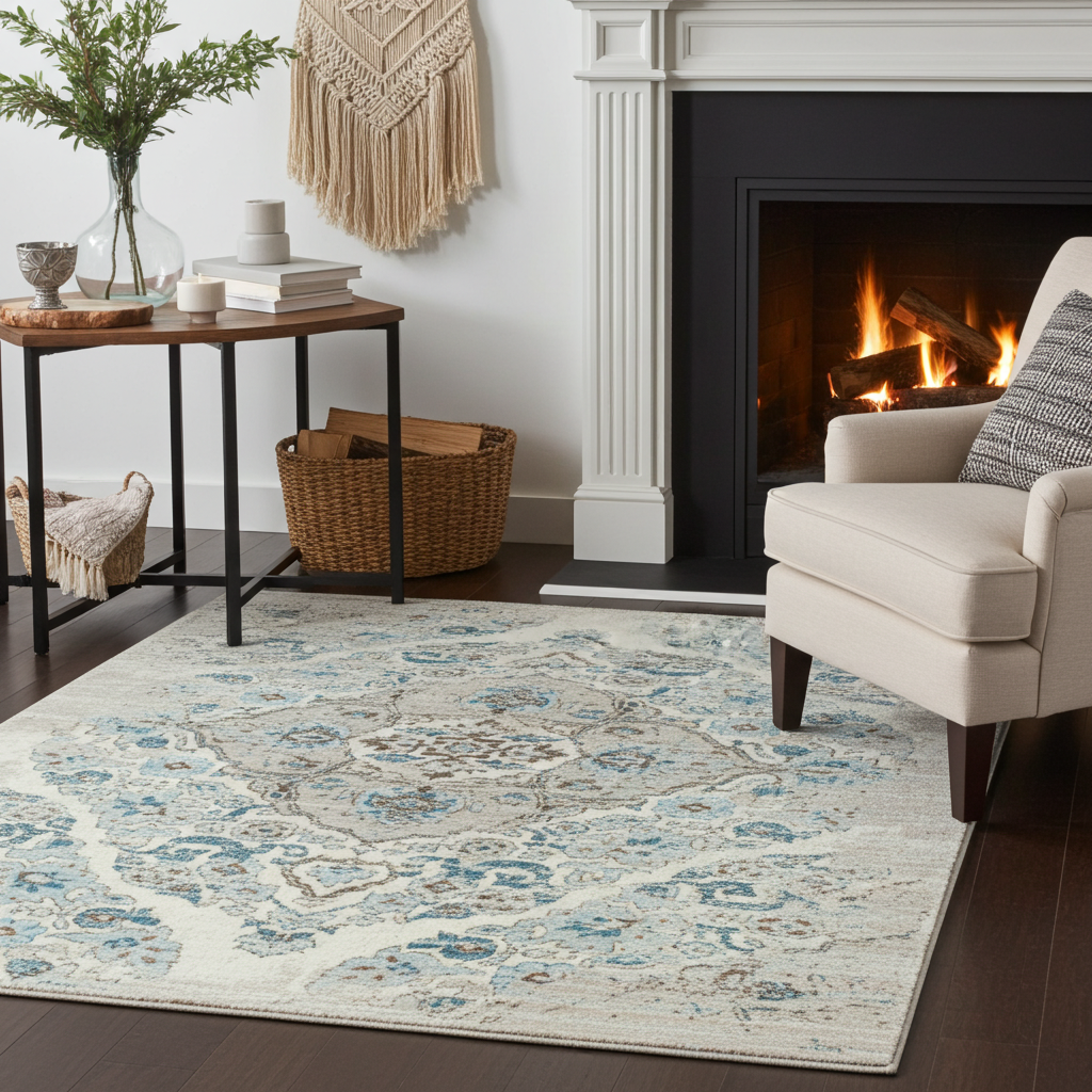 Soft Washable Luxurious Lumina Blue, Grey and Cream Modern Rug