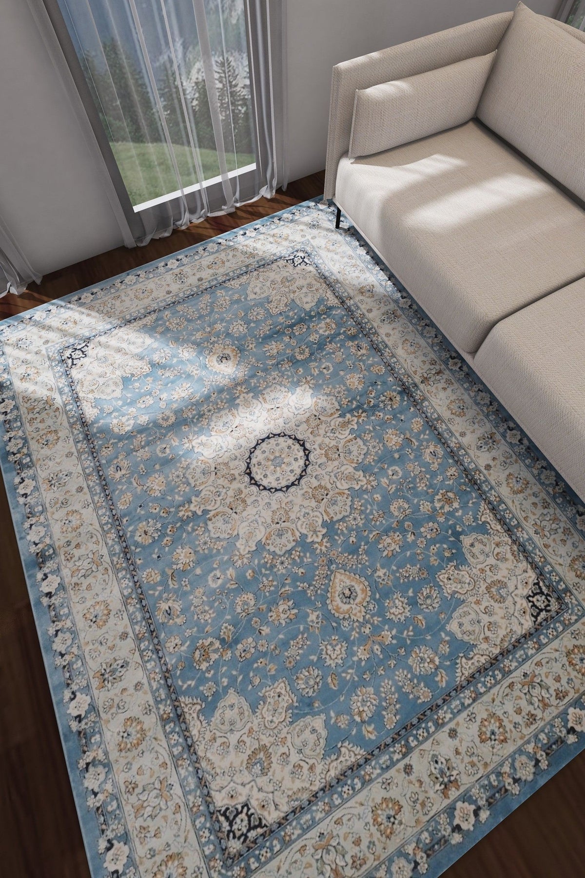 SilkSweep Blue &amp; Cream Medallion Floral soft Persian Traditional Rug