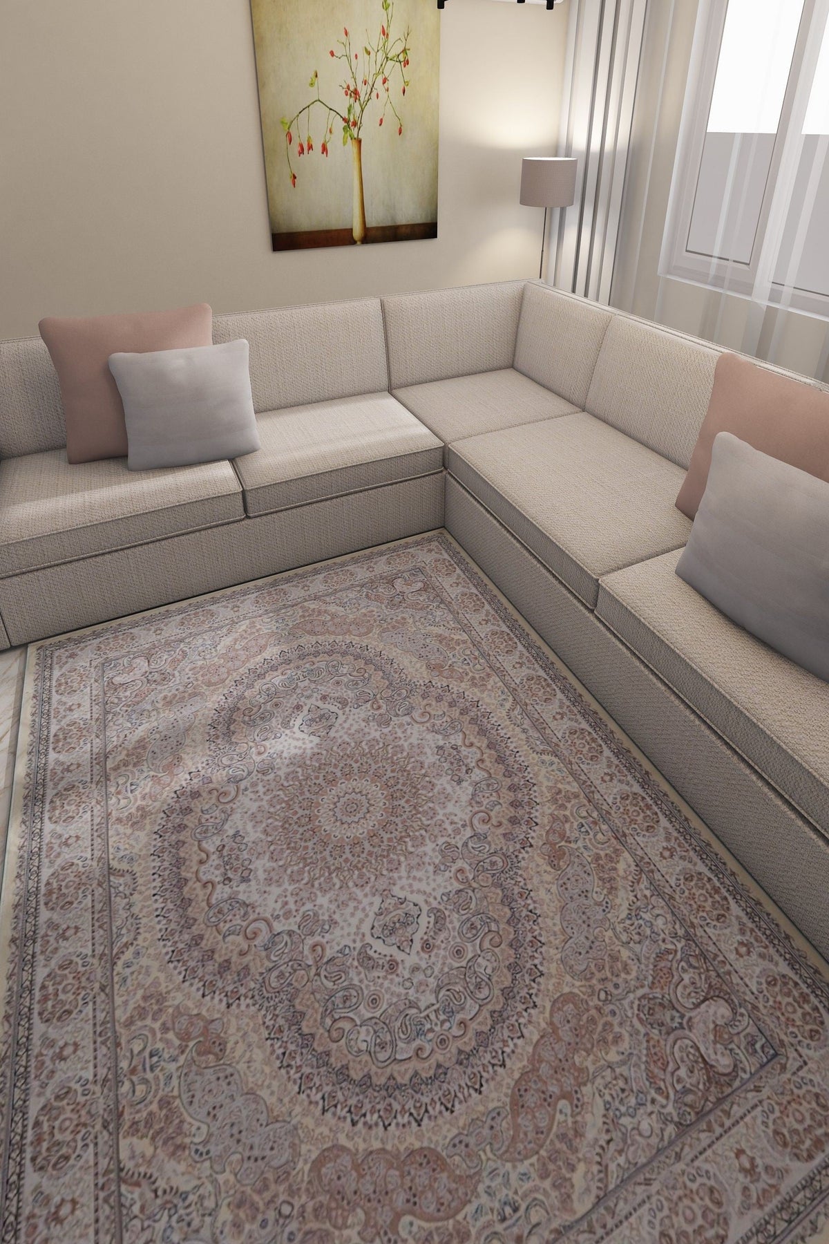 SilkSweep Slamon Pink &amp; Peach soft Medallion Persian Traditional Rug