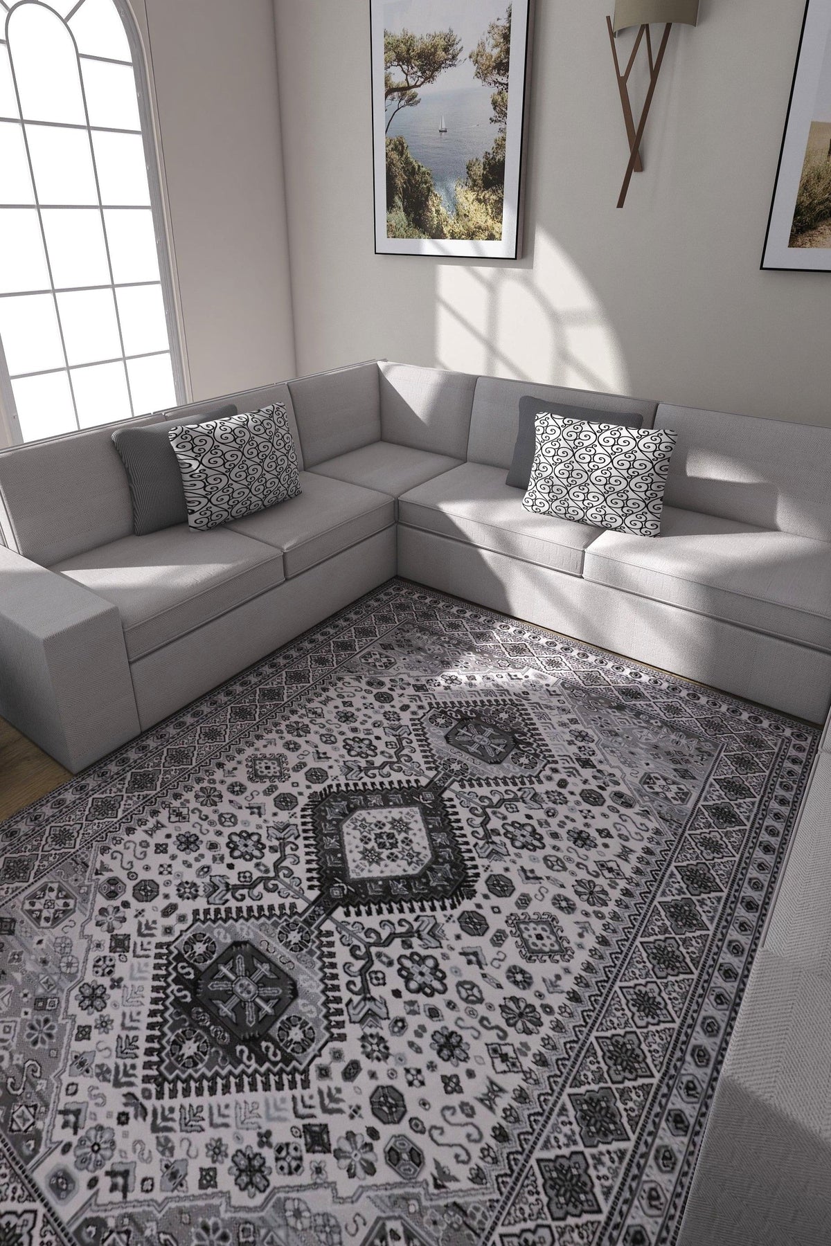SilkSweep Black, Grey &amp; White soft Traditional Rug