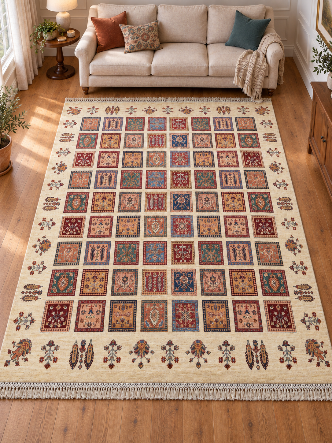 Fine Ivory Afghan Garden Chobi Rug 300cm x 250cm