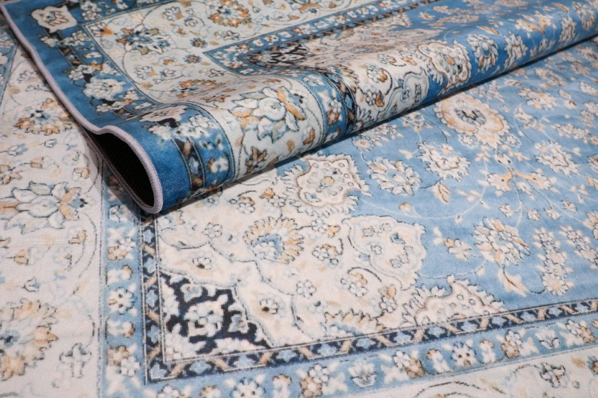 SilkSweep Blue &amp; Cream Medallion Floral soft Persian Traditional Rug