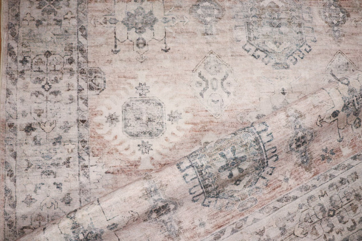 Luxurious Lumina Peach Pink and Grey Distressed Washable Rug