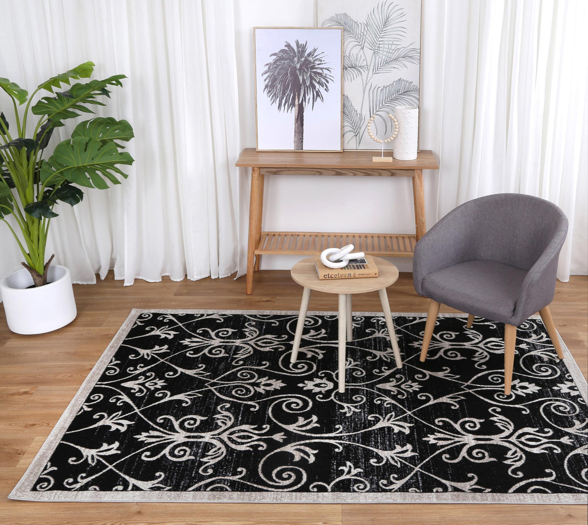 Oporto Rizhao Black &amp; Cream Contemporary Soft Rug
