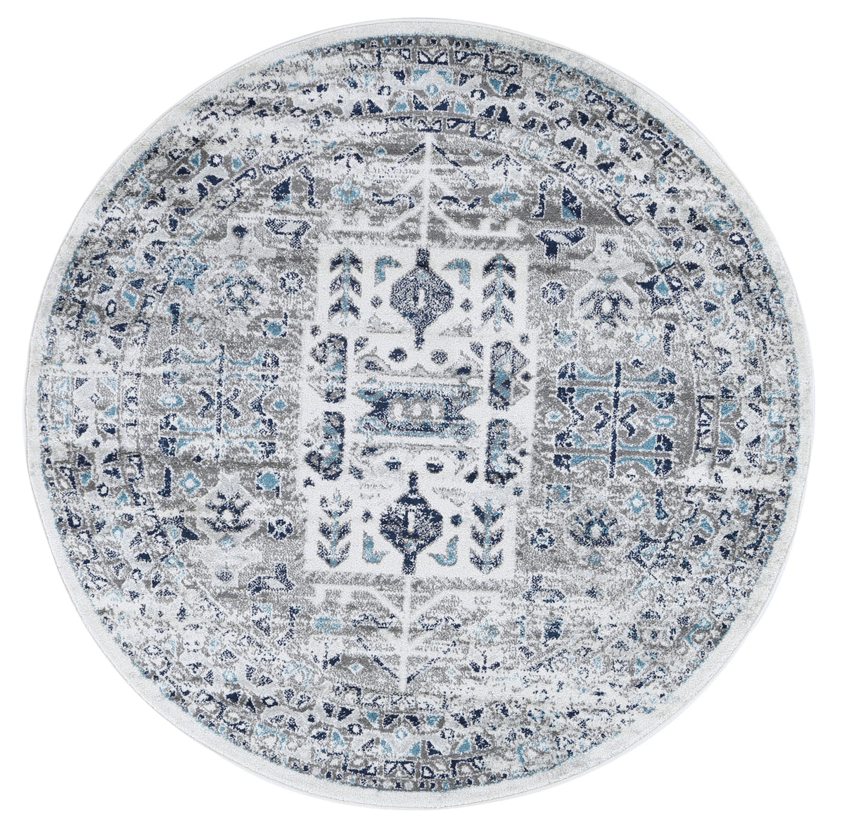 Provence Nimes Bue &amp; Grey Traditional Round Rug
