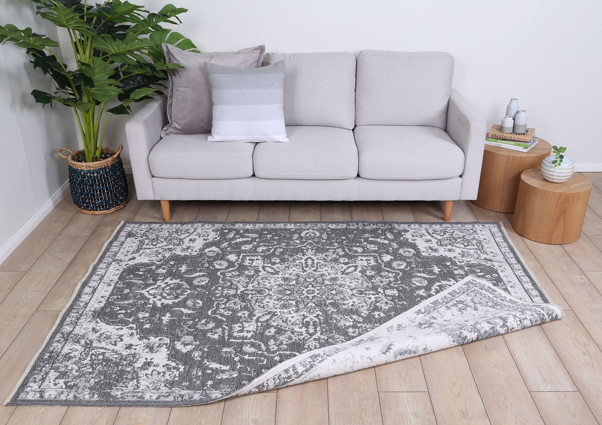Rustic Vintage Motif, Amazing 2 in 1 Reversible Rug Grey