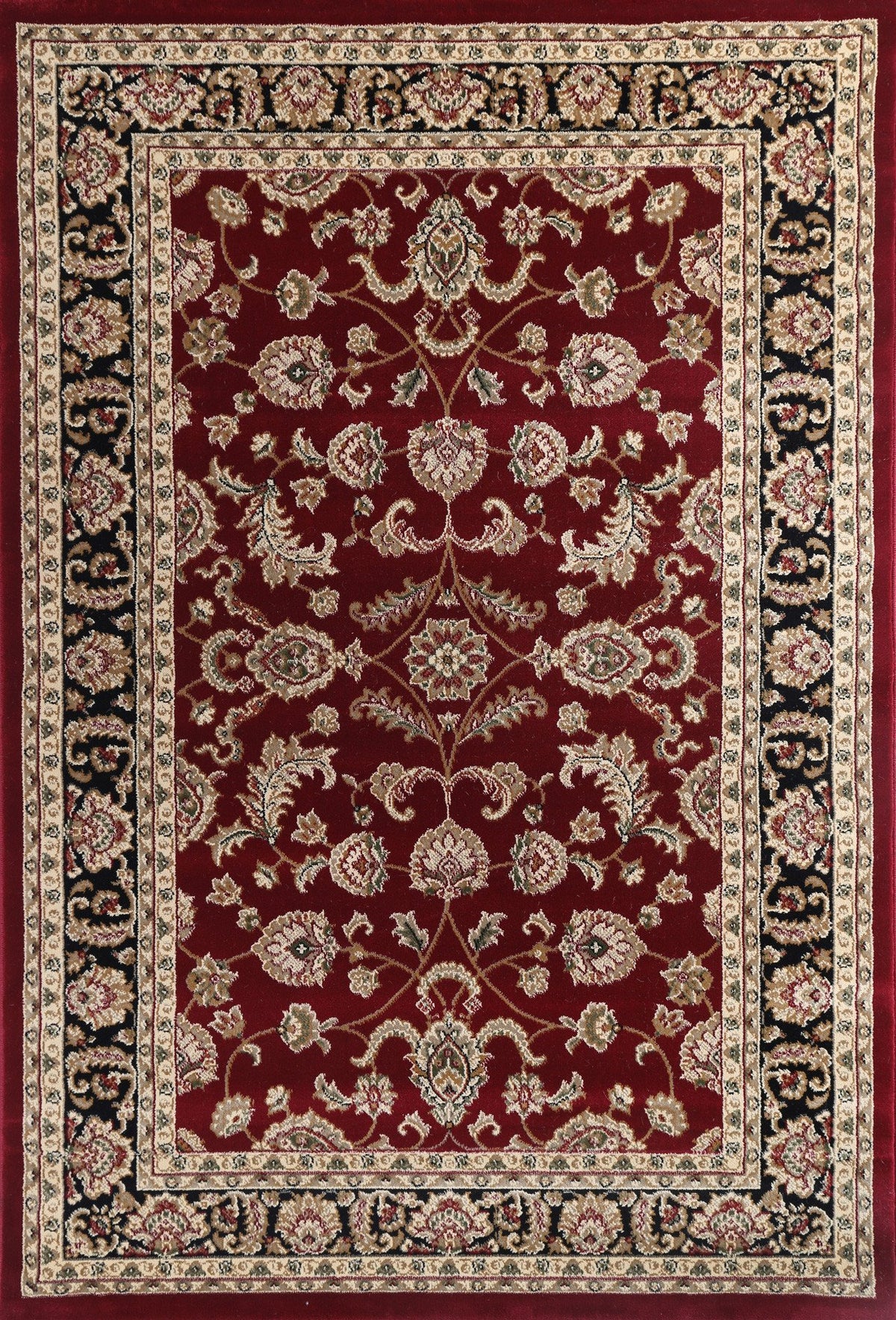 Ornate Red and Black Traditional Bordered Ikat Rug