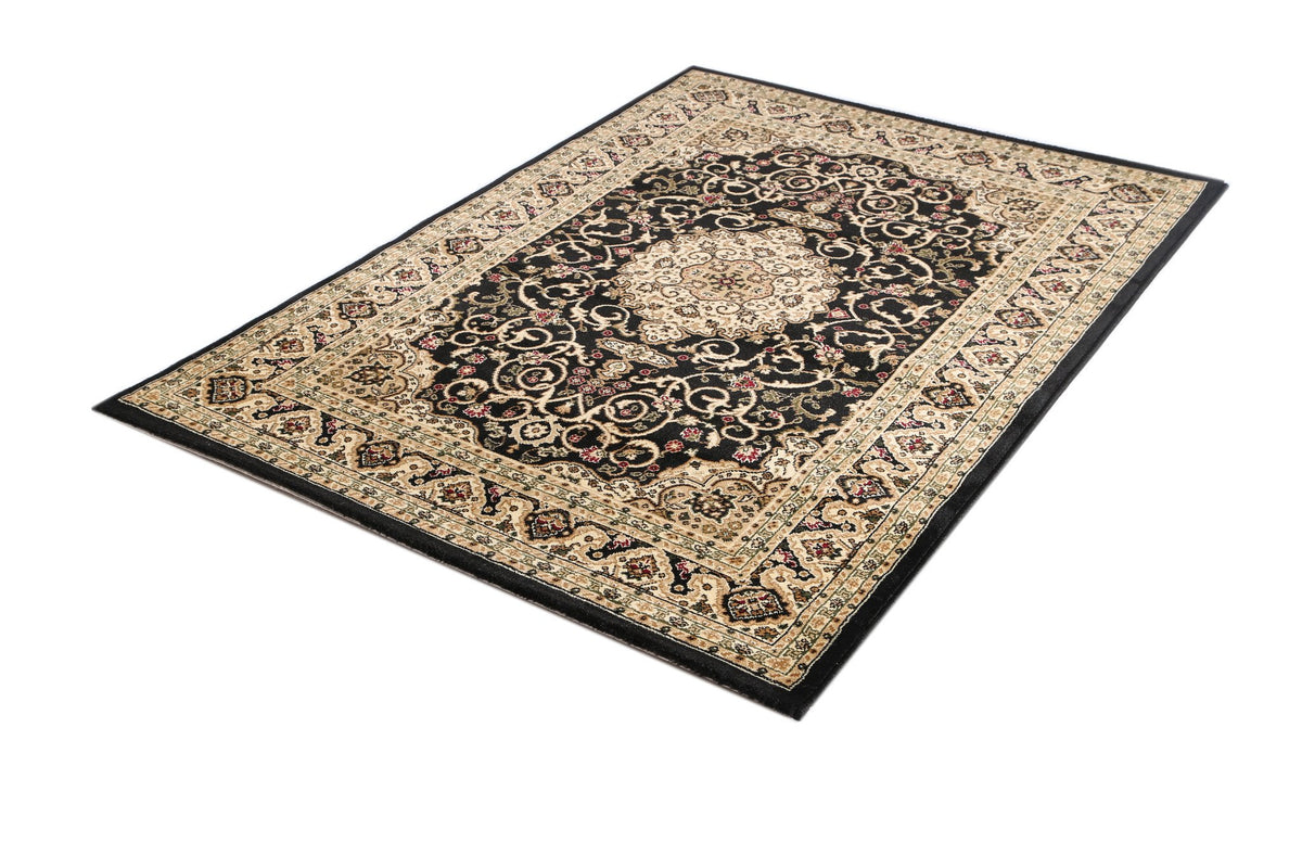 Ornate Black Bordered Traditional Flowered Rug