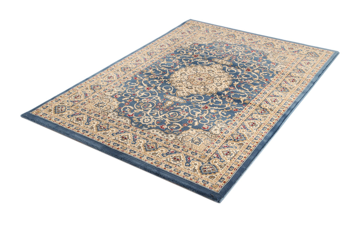 Ornate Blue Bordered Traditional Flowered Rug