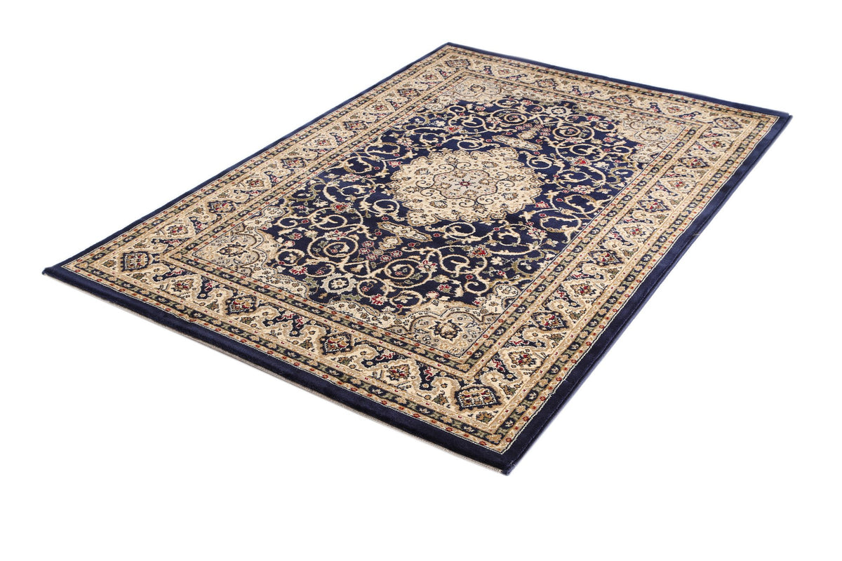 Ornate Navy Blue Bordered Traditional Flowered Rug