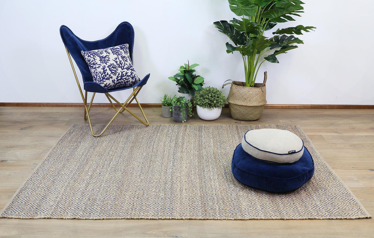 Oslo Navy Jute Diamonds Flat Weave Rug